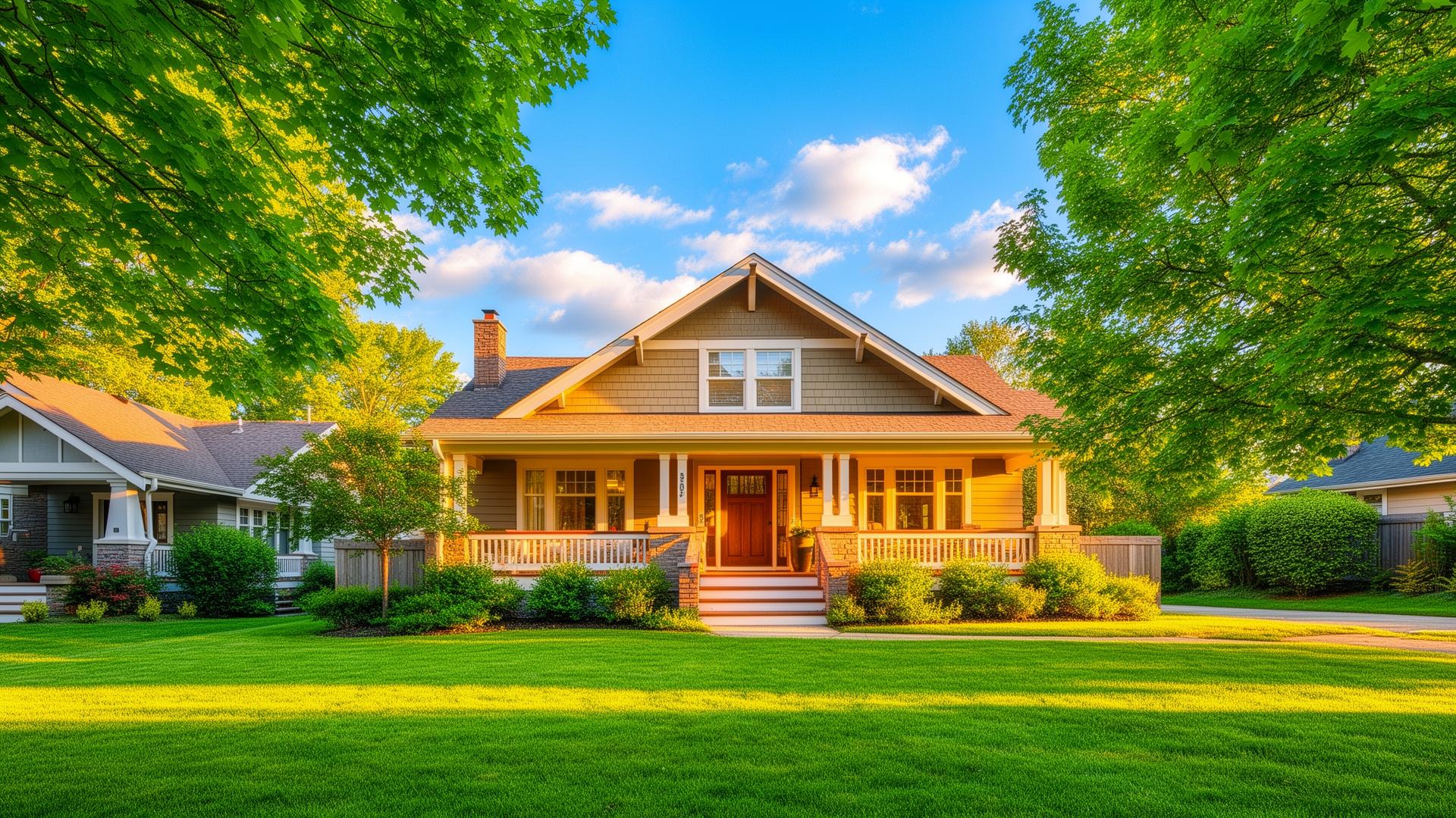 Craftsman home on a tree-lined street in daylight